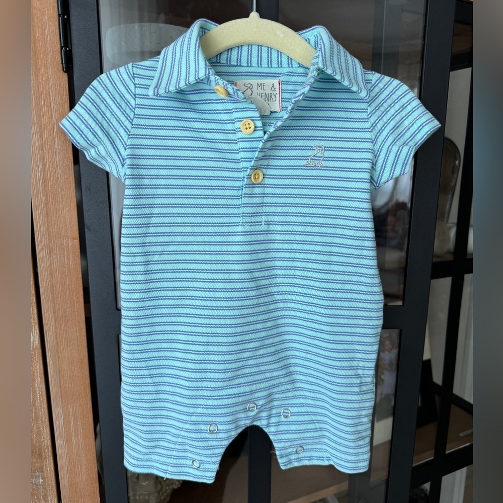 Me & Henry Aqua Stripe Pique Polo Romper baby boy shortall onesie golf turquoise